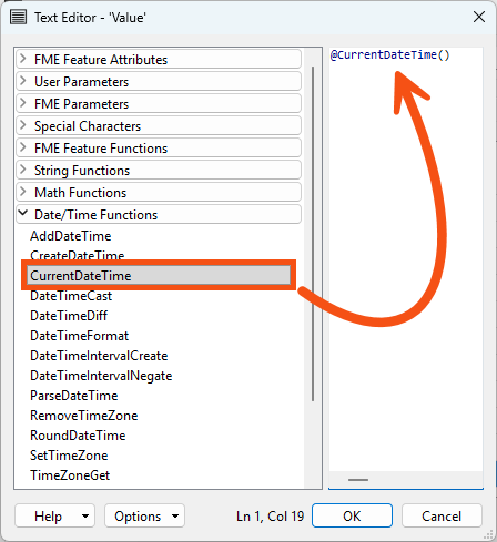 Inserting date time using Text Editor